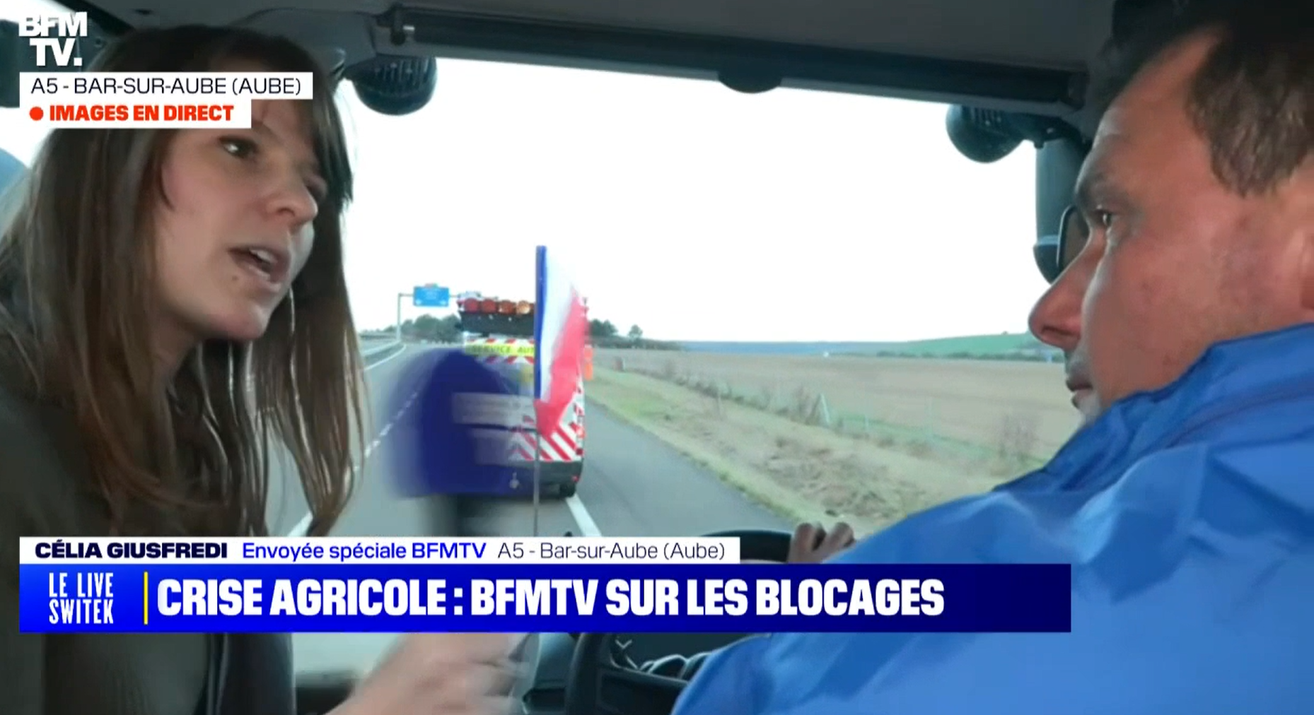 Arnaud Grandidier a été interviewé par BFM-tv au volant de son tracteur roulant vers Paris. Crédit photo : BFM-tv