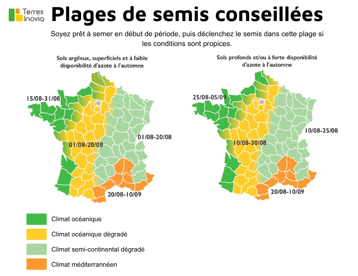 Les plages de semis recommandées pour le colza en fonction des conditions pédo-climatiques.