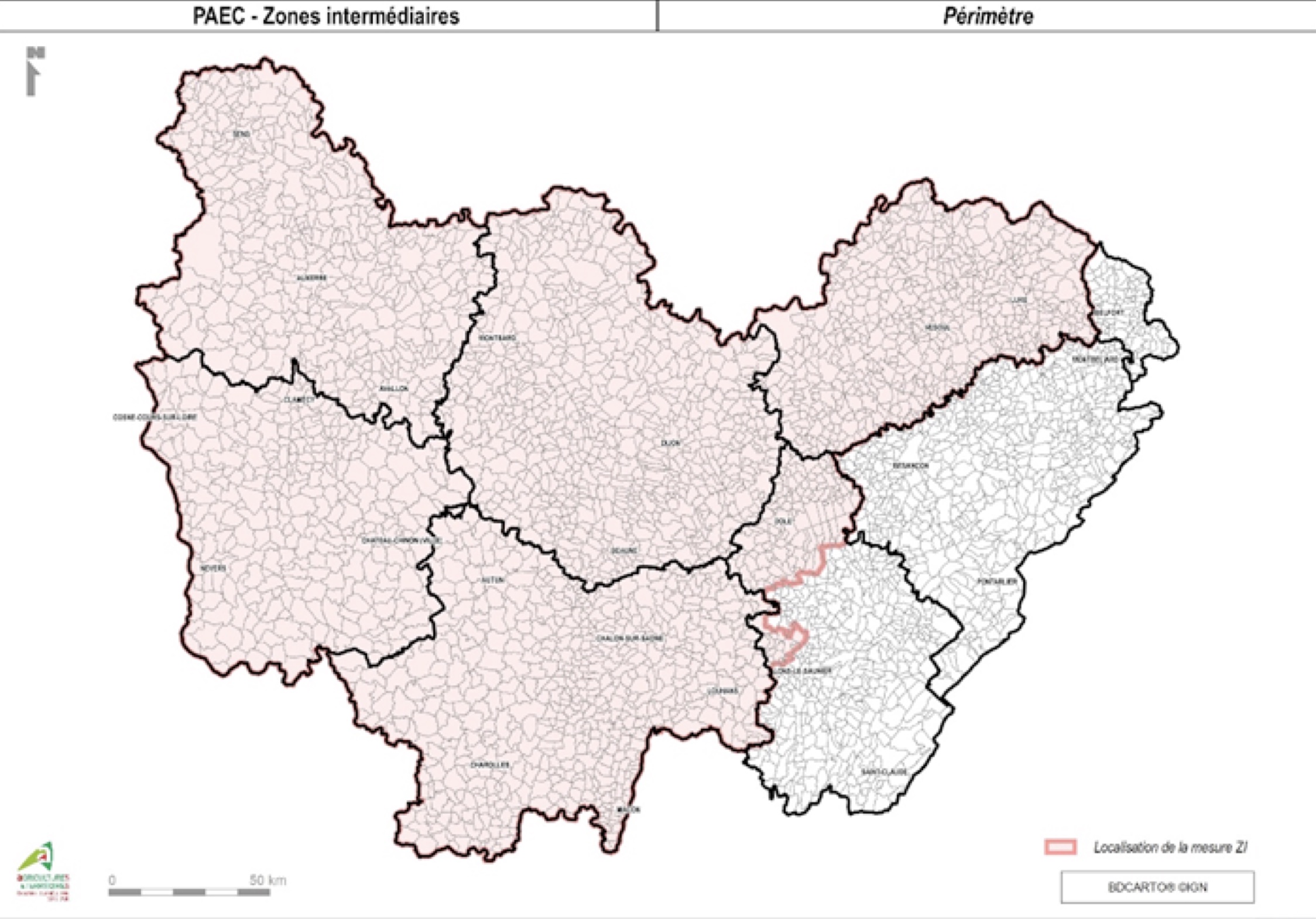 Légende photo : Sur cette carte, on visualise la zone sur laquelle, en BFC, peut s'appliquer la MAEC Système " ;Zones intermédiaires" ;.