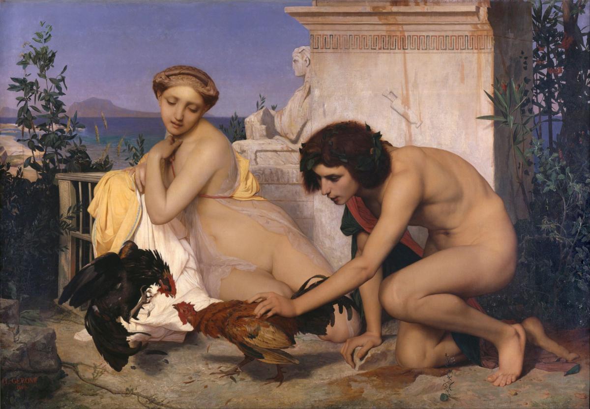 Jeunes Grecs faisant battre des coqs (musée d’Orsay à Paris) : le tableau peint en 1846 par Gérôme, et récompensé d’une médaille d’or au Salon de peinture et sculpture de 1847.