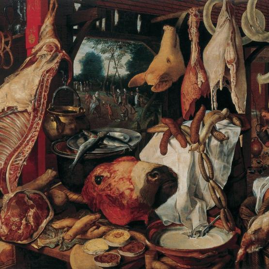 « Étal de viande avec la Sainte Famille faisant l'aumône durant la Fuite en Égypte » un tableau de l'artiste néerlandais Pieter Aertsen, achevé en 1551.