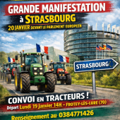 Les JA et la FNSEA annoncent une « grande manifestation » le mardi 20 janvier, à Strasbourg, pour inciter les Eurodéputés à saisir la Cour européenne de justice et ainsi suspendre l’entrée en vigueur des accords du Mercosur.