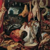 « Étal de viande avec la Sainte Famille faisant l'aumône durant la Fuite en Égypte » un tableau de l'artiste néerlandais Pieter Aertsen, achevé en 1551.