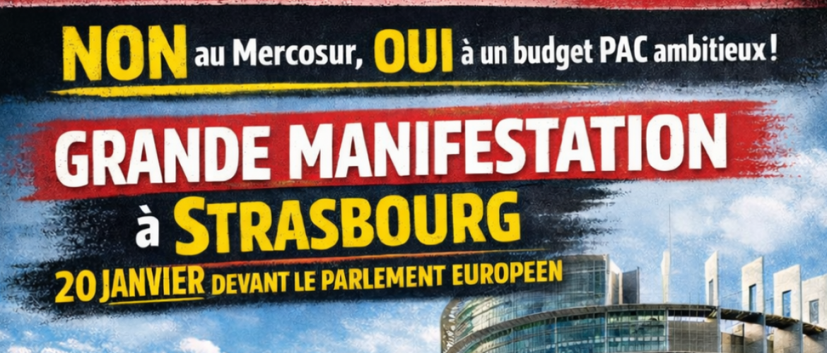 Les JA et la FNSEA annoncent une « grande manifestation » le mardi 20 janvier, à Strasbourg, pour inciter les Eurodéputés à saisir la Cour européenne de justice et ainsi suspendre l’entrée en vigueur des accords du Mercosur.