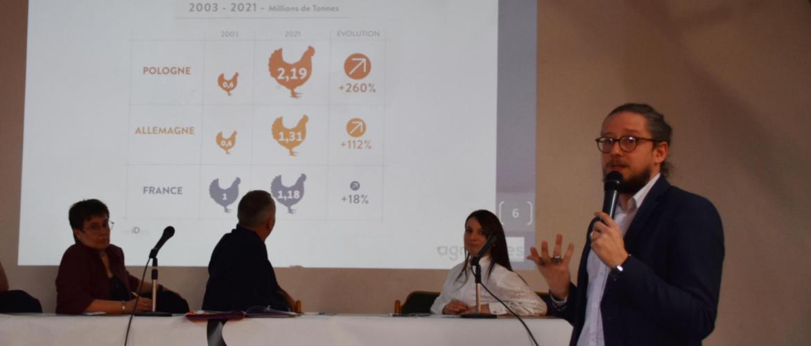 Quentin Mathieu, économiste pour le think tank d’Agridées, montre que la Pologne et l’Allemagne taillent des croupières à la France dans la filière avicole. Crédit photo : C.Michelin (EASL)