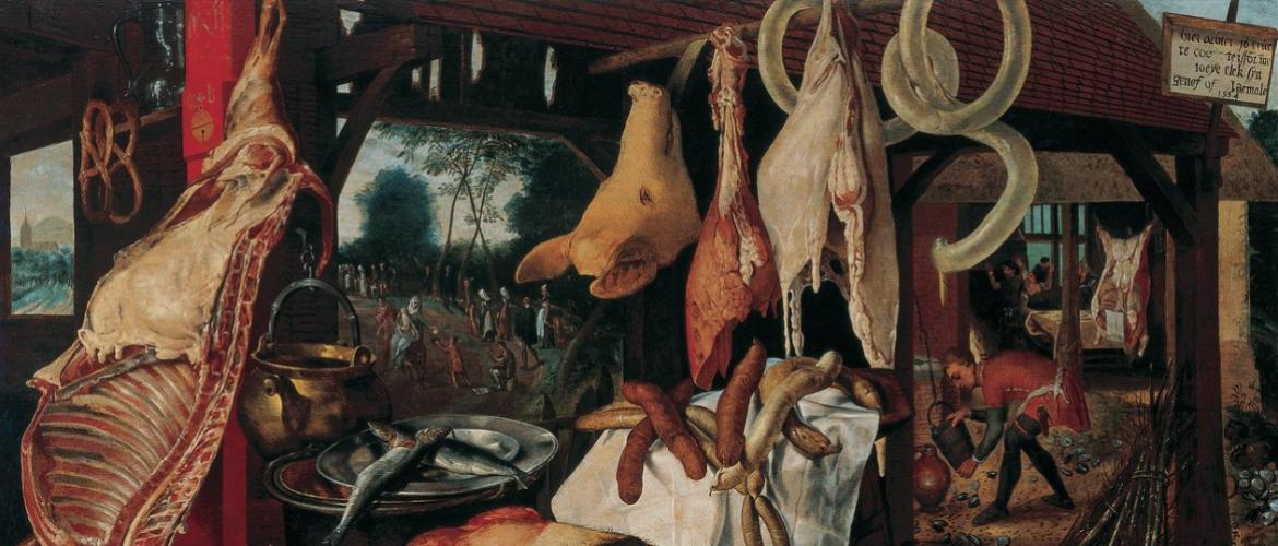 « Étal de viande avec la Sainte Famille faisant l'aumône durant la Fuite en Égypte » un tableau de l'artiste néerlandais Pieter Aertsen, achevé en 1551.